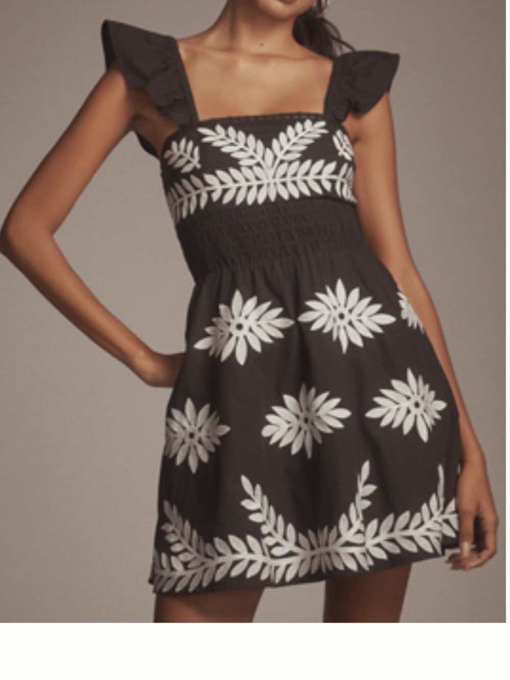 Anthropologie Black Mini Dress with White Floral Embroidery